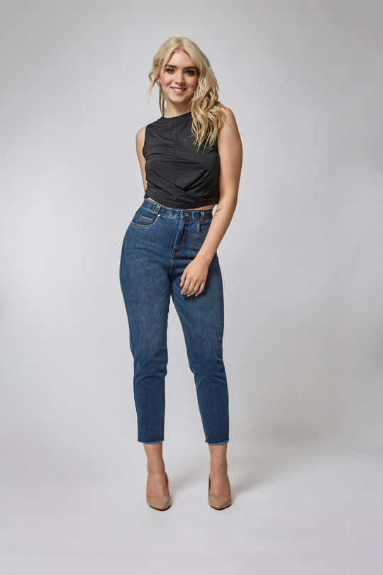 BLACK Denim - High Rise Ankle Mom Jean - Dark Rinse + Yellow Stitching