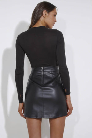 Knox Faux Leather Skirt - High Waisted Side Slit - Black