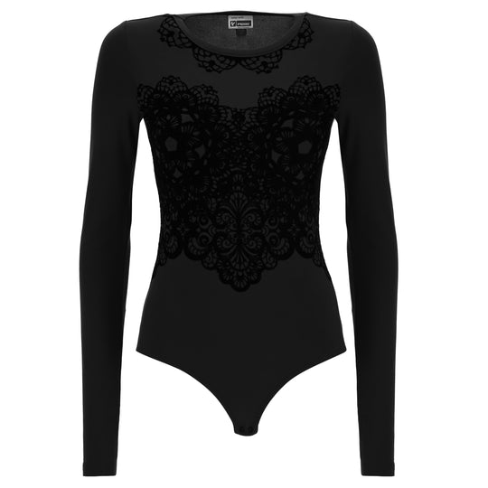 Bodysuit - Long Sleeve Lace Detail - Black