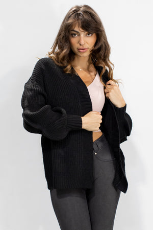 Sweater Cardigan - Long Sleeve Knit - Black