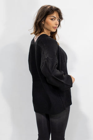 Sweater Cardigan - Long Sleeve Knit - Black