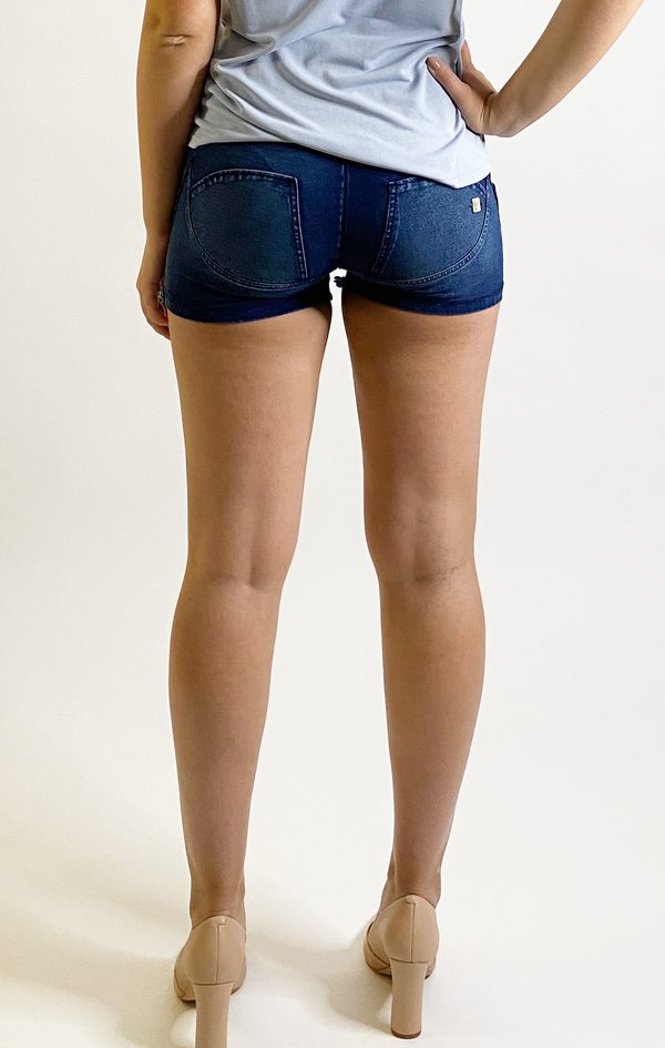 WR.UP® Denim Short - High Rise 3 button Frayed Edges - Dark Rinse - LIVIFY