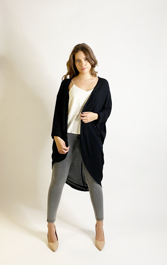 Long Summer Cardigan - Crinkle Crepe Open Front - Black