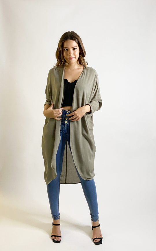 Long Summer Cardigan - Crinkle Crepe Open Front - Khaki