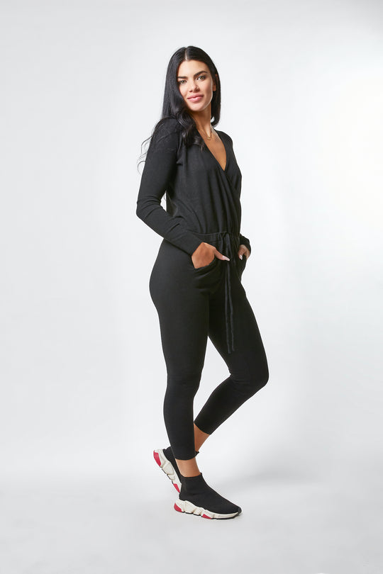 Knit Romper - V-neck - Black