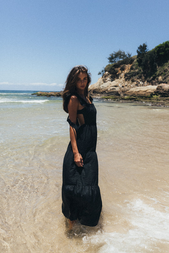 Peaches Linen Dress - Tie-up Maxi - Black