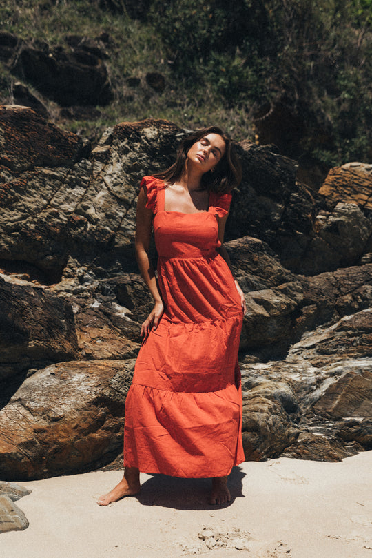 Peaches Linen Dress - Tie-up Maxi - Spice