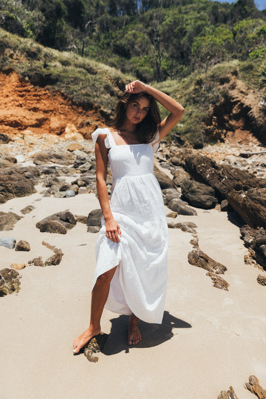 Peaches Linen Dress - Tie-up Maxi - White