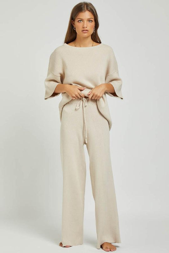 Goldie Rib-Knit Pant - Wide Leg - Sand