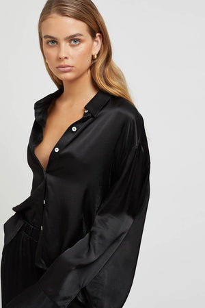 Rising Satin Shirt - Long Sleeve Button-Up - Black