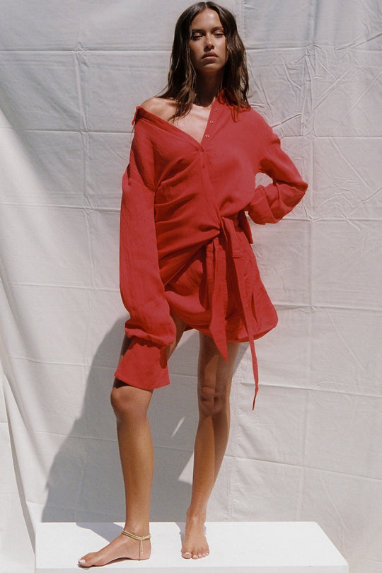 Please Don't Tell Dress - Collared Shirt Mini - Red