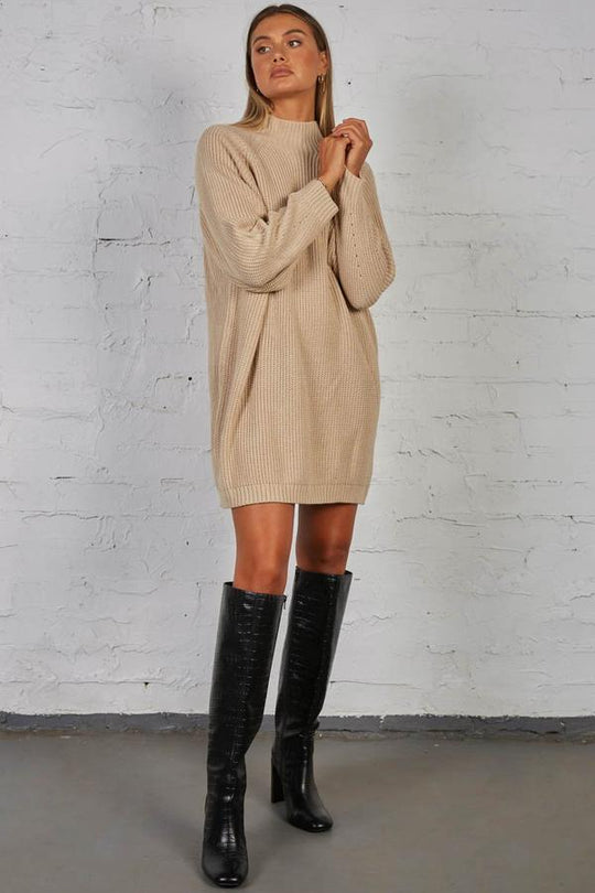 Timing Knit Dress - Long Sleeve Mock Neck - Sand