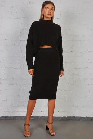 Late Lunch Pencil Skirt - Midi Fuzzy Knit - Black