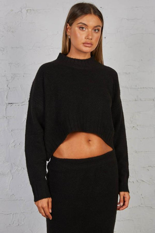 Late Lunch Sweater - Mock Neck Fuzzy Knit - Black