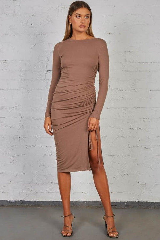 Winter Dress - Long Sleeve Ruched Midi - Brown