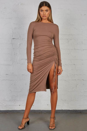 Winter Dress - Long Sleeve Ruched Midi - Brown