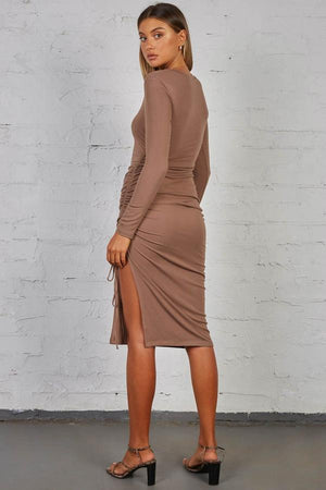 Winter Dress - Long Sleeve Ruched Midi - Brown
