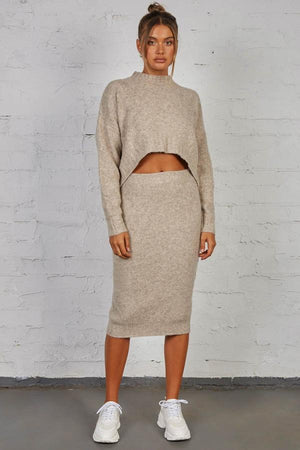 Late Lunch Pencil Skirt - Midi Fuzzy Knit - Stone