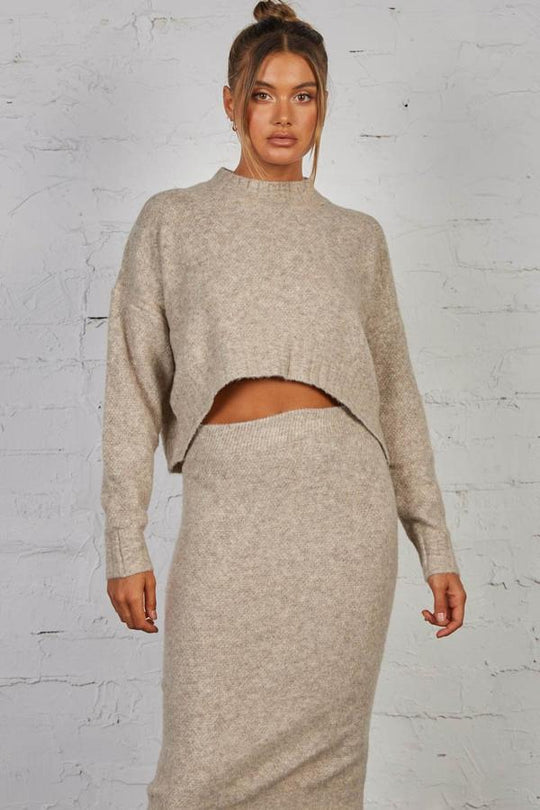 Late Lunch Sweater - Mock Neck Fuzzy Knit -  Stone