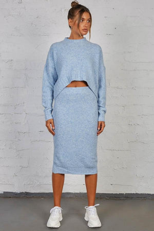 Late Lunch Pencil Skirt - Midi Fuzzy Knit - Blue