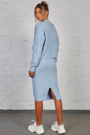 Late Lunch Pencil Skirt - Midi Fuzzy Knit - Blue