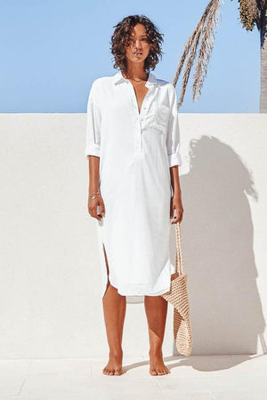 Bella Shirt Dress - Long Sleeve Collared Midi - White