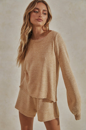 Celeste Knit Set - Knitted Long Sleeve Top + Shorts - Sand