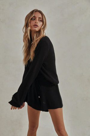 Celeste Knit Set - Knitted Long Sleeve Top + Shorts - Black