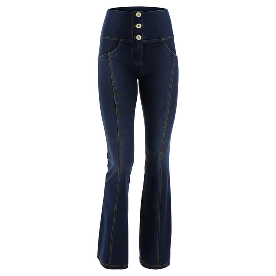 WR.UP® Denim - High Rise 3 Button Flare Front Seam - Dark Rinse + Yellow Stitching