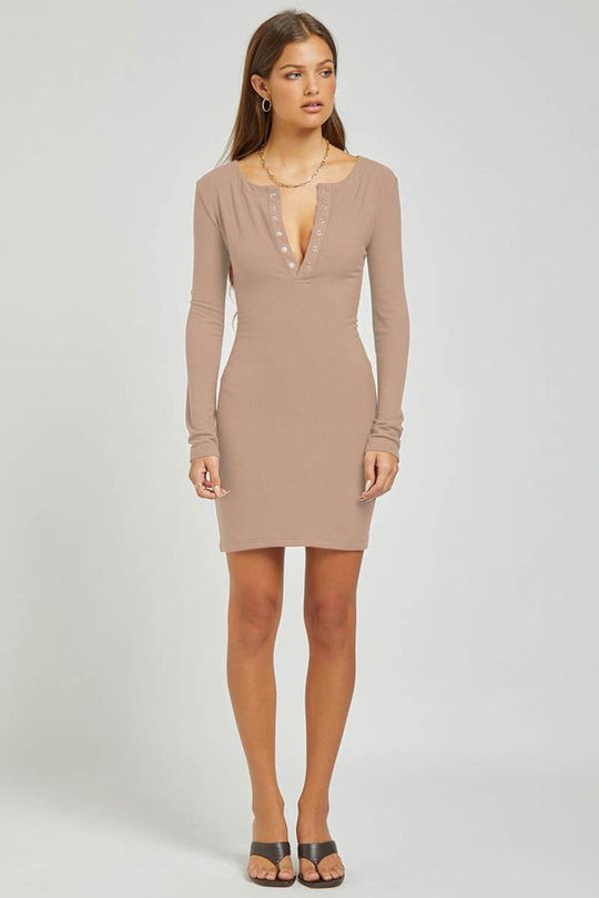 Ranger Mini Dress - Long Sleeve Henley - Sand