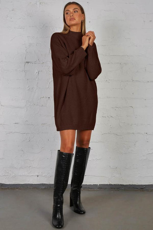 Timing Knit Dress - Long Sleeve Mock Neck - Chocolate