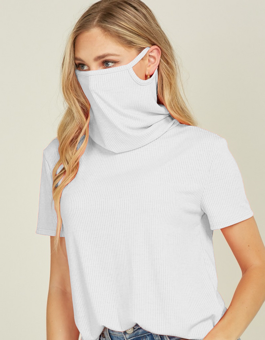 Turtle-Neck T-shirt - Ribbed Mask Feature - White