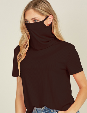 Turtle-Neck T-shirt - Ribbed Mask Feature - Black
