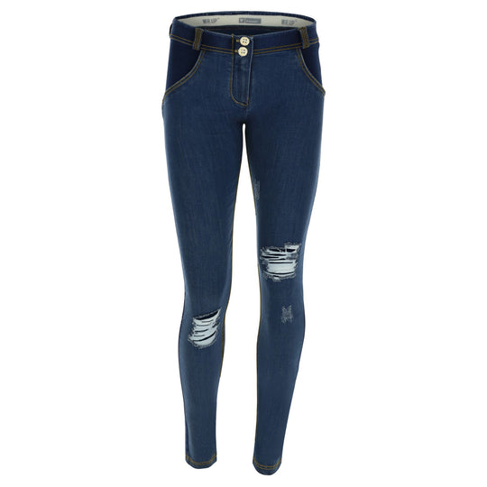 Freddy WR.UP® Distressed Denim Regular Rise Skinny - Dark Rinse + Yellow Stitching