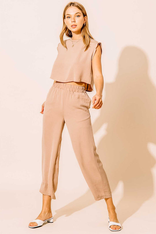 Muscle Tee Lounge Set - High Waisted Cropped Leg + Top - Taupe