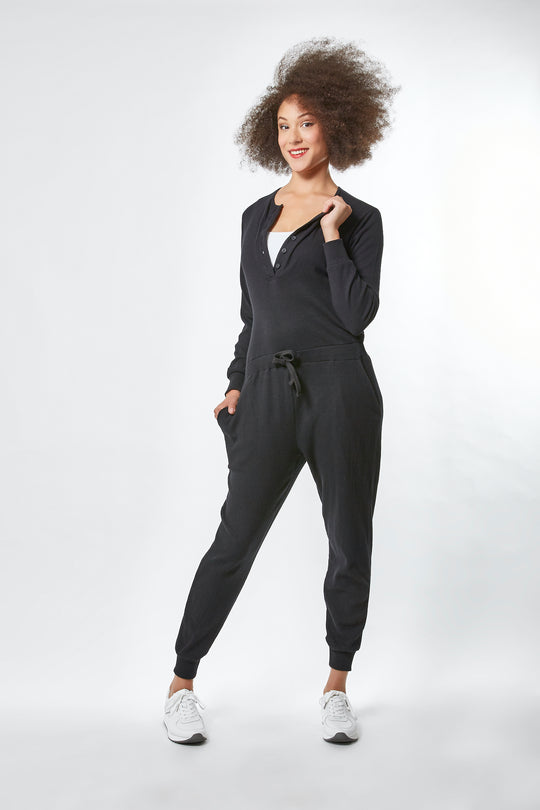 Waffle Knit Romper - Drawstring Waist - Black